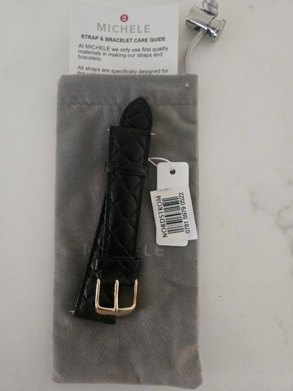 NWT Michele 20mm Black Quilted Leather Watch Strap Gold Buckle MS20AB370001